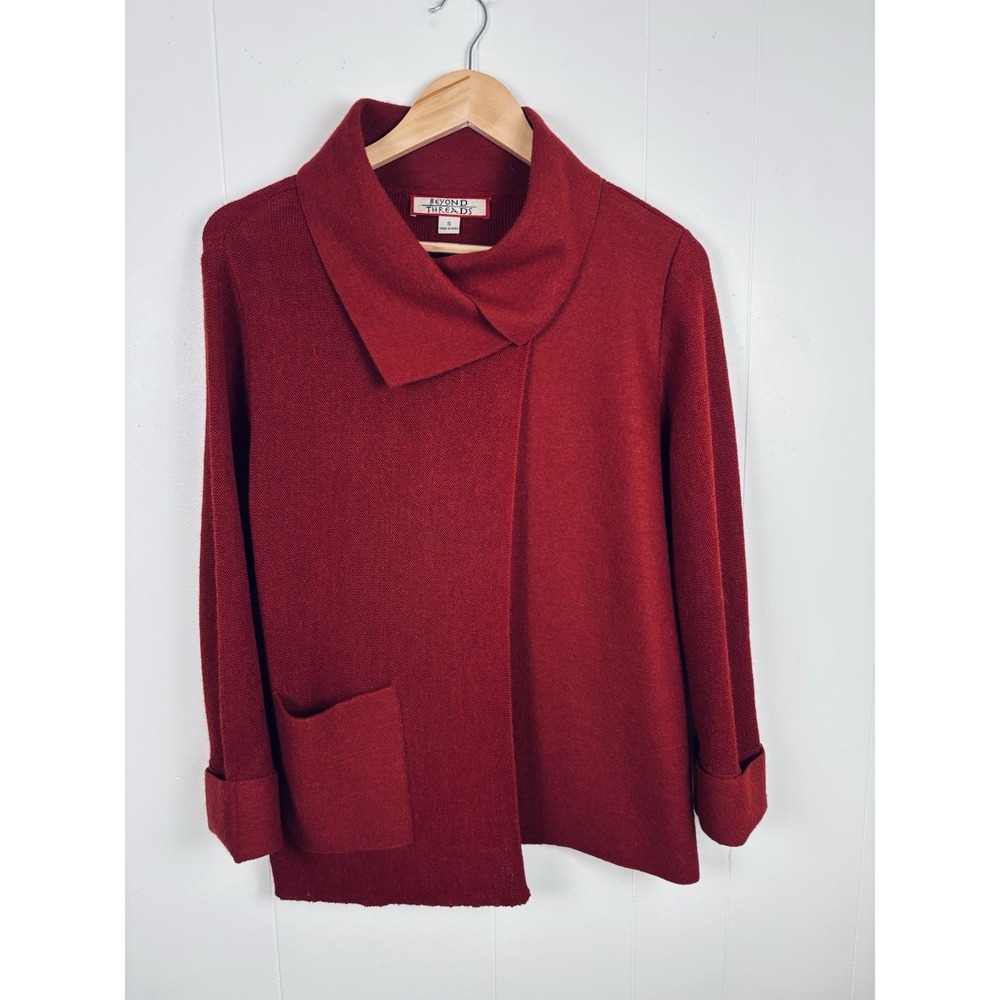 Beyond Threads Alpaca Red Wool Asymmetric Cardigan Jacket Small Wrap Waterfall